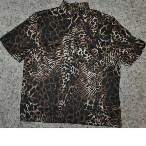 Womens Blouse Brown Leopard Medium Rafael High Zip Neck Short Sleeve Shirt - Picture 3 of 3